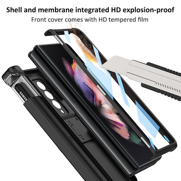 Magnetic All-included Slide Pen Case With Back Screen Glass Hinge Holder Phone Cover For Samsung Galaxy Z Fold 3 5G